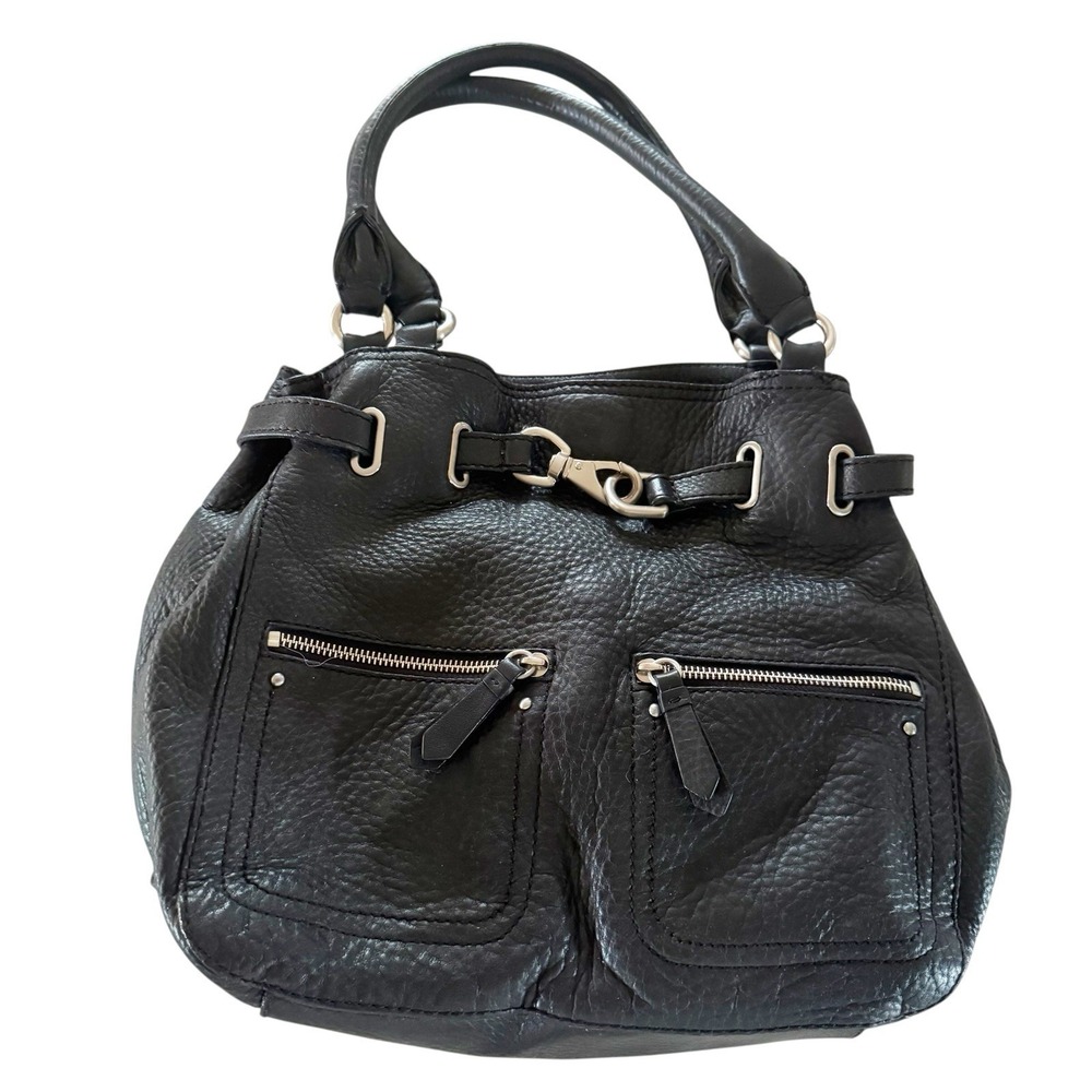 Cole Haan Black Pebbled Leather Shoulder Bag With Silver Zippers